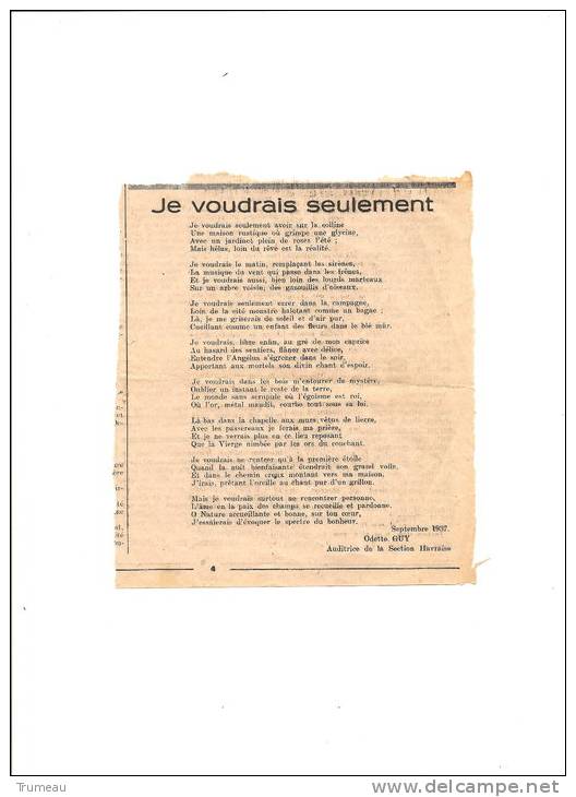 LE HAVRE POEME AUDITRICE DE LA SECTION HAVRAISE ODETTE GUY " JE VOUDRAIS SEULEMENT" - Havre Libre