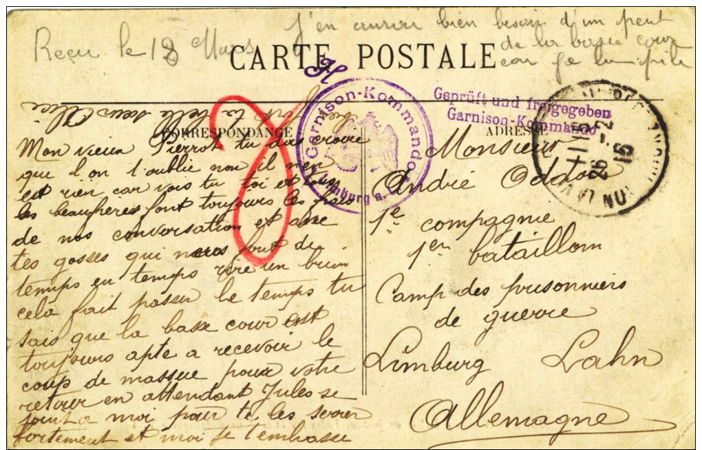 AP277 - CARTE POSTALE A DESTINATION DU CAMP DE PRISONNIERS DE LIMBURG (HESSE NASSAU) 1916 - Guerre De 1914-18