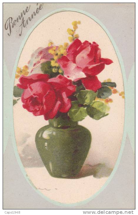 CARD KLEIN BOUQUET  ROSE E MIMOSA IN VASO(TONDO ORIGINALE CON PASSE-PARTOUT)    -FP-N-2-0882-15220 - Klein, Catharina