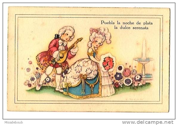 Ilustración - Rimas - Crinolina, Romance,  Carta Ilustrada Antigua  -Puebla La Noche De Plata, La Dulce Serenata - 1900-1949