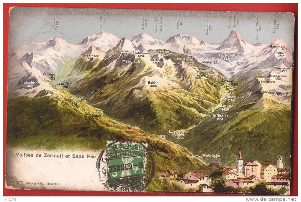 YY0296-51 Panorama Visp Visperterminen Stalden Niklaus Randa Tasch Balen Saas Grund,-Fee,-Almagell.Gel. 1909 - Randa