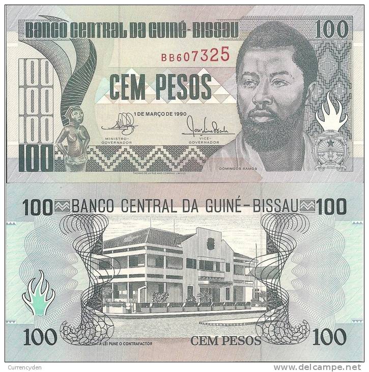 Guinea-Bissau P11, 100Pesos,carving, D Ramos / Banco Central Building - Guinea–Bissau