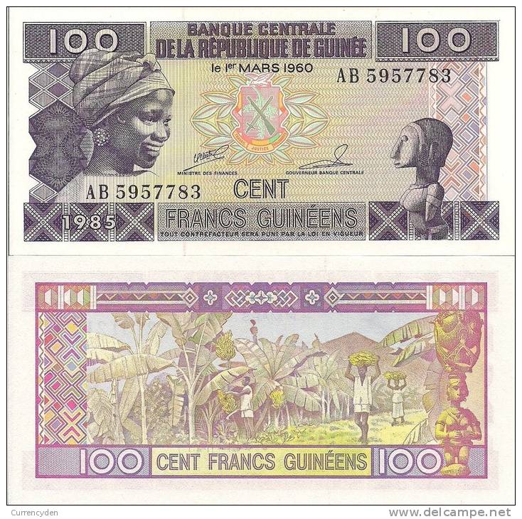 Guinea P30a, 100 Francs, Woman With Headscarf, Female Carving / Banana Harvest - Guinea
