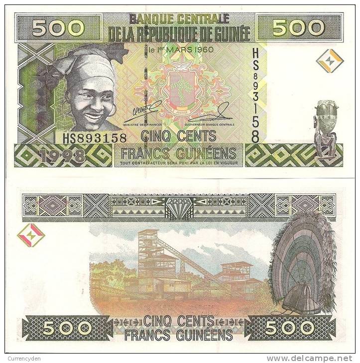 Guinea P36, 500 Francs, Young Woman / Diamoned Mine, Cerimonial Headdress $3+CV! - Guinée