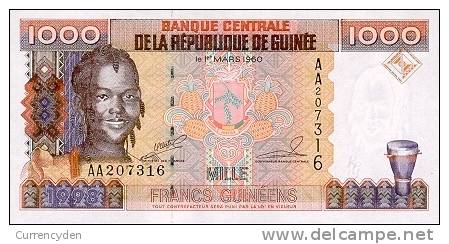 Guinea P37, 1,000 Francs, Girl,drum / Crane At Bauxite Mine $5CV - Guinee