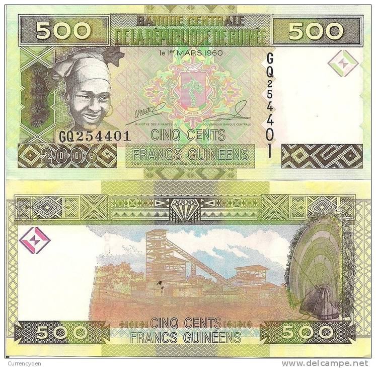 Guinea P39, 500 Francs, Girl In Scarf, Drum / Diamond Mining $3+CV5CV - Guinée