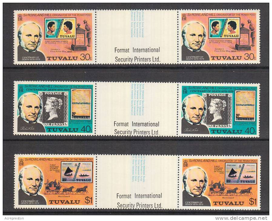A5135 TUVALU 1979, SG 131-3 Gutter Pairs Rowland Hill Centenary, MNH - Tuvalu