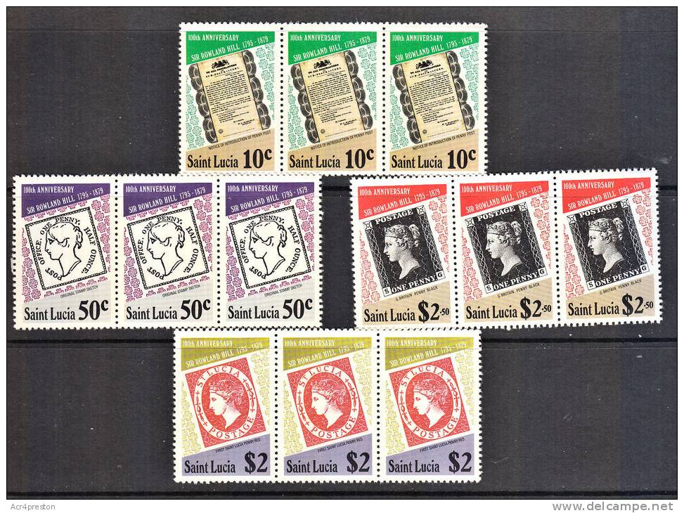 C0131 SAINT LUCIA 1979, SG 509-12, Rowland Hill Centenary, Strips Of 3 Stamps From Sheetlets P12 MNH - St.Lucia (1979-...)