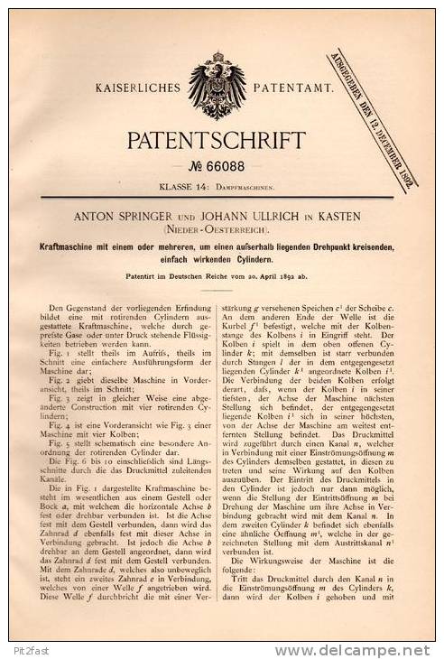 Original Patentschrift - A. Springer Und J. Ullrich In Kasten B. Böheimkirchen , 1892 , Kraftmaschine Mit Cylindern !!! - Tools