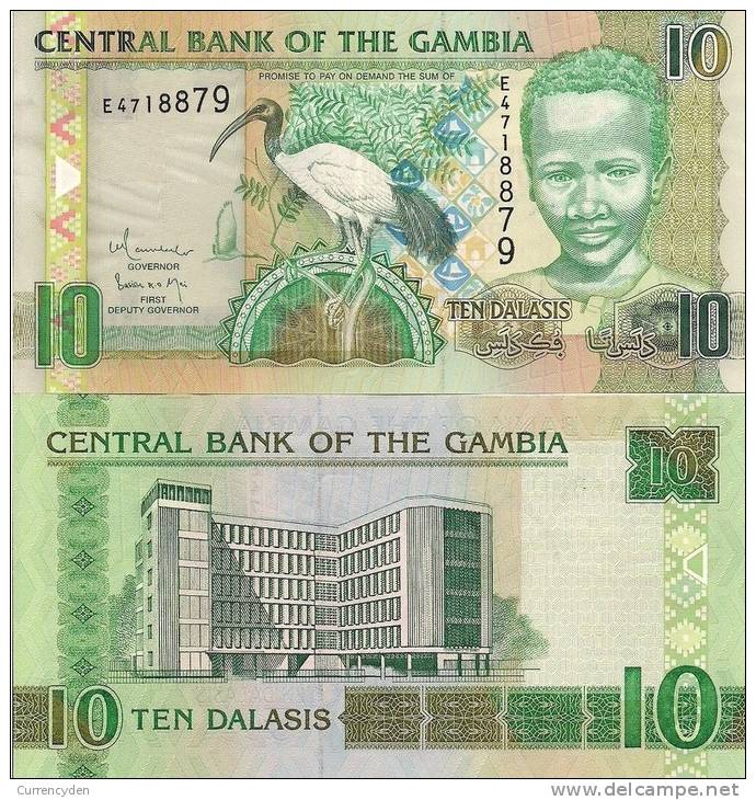 Gambia P26, 10 Dalasis, Sacrid Ibis, Boy / Central Bank UNLISTED DATE - Gambia