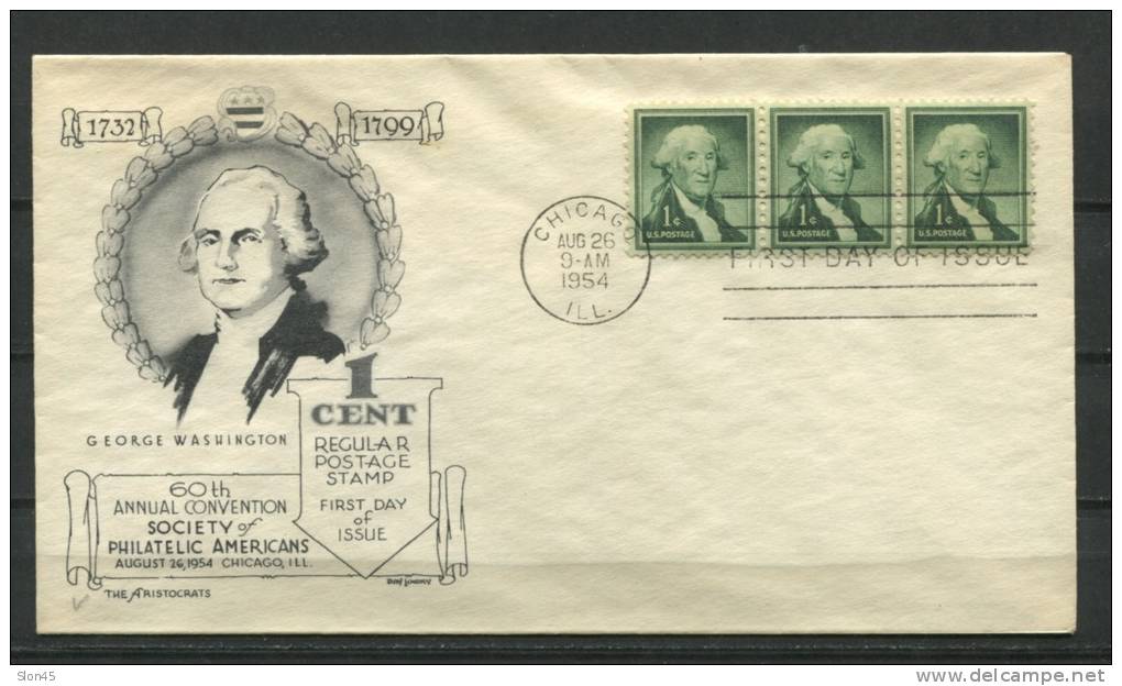 USA 1954 Cover First Day Of Issue G. Washington Strip Of 3 - Postal History