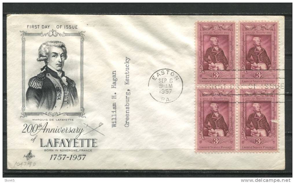 USA 1957 Cover First Day Of Issue Lafayette Block Of  4 - Marcophilie