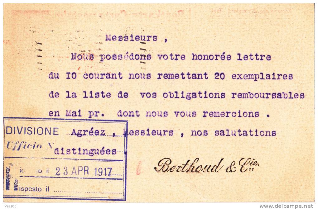 CARD STATIONERY 1917 CENSORED HELVETIA. - Postmarks