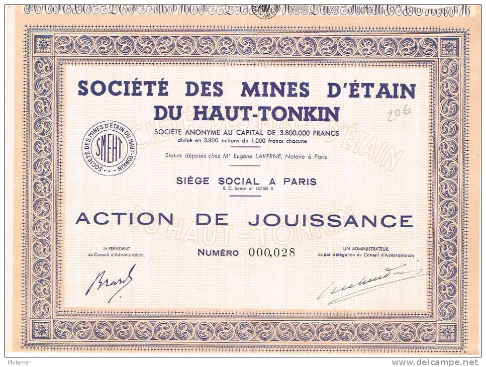 Societe Des Mines D'étain Du Haut-tonkin Mine Action De Jouissance Aktie Share Siege Paris Nd TB - Miniere