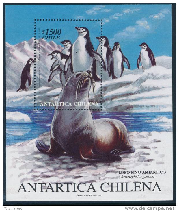 CHILE 1999 ANTARTICA CHILENA, FUR SEAL & ANTARCTIC PENGUINS Minisheet** - Fauna Antartica