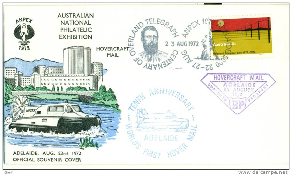 Australia 23 Aug 1972 ANPEX 72 Adelaide Overland Telegraph Hovercraft Mail BP Petroleum - Marcophilie