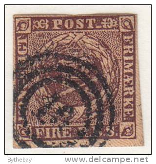 Denmark Used Scott #2 4rs Royal Emblems, Brown Cancel: 3-ring 18? - Used Stamps