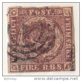 Denmark Used Scott #2 4rs Royal Emblems, Brown Cancel: 3-ring - Close Cut - Used Stamps