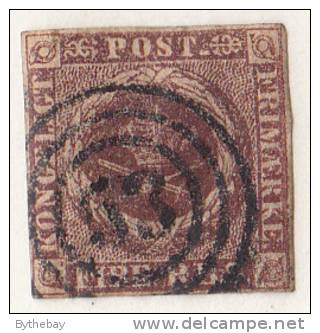 Denmark Used Scott #2 4rs Royal Emblems, Brown Cancel: 3-ring 53 - Crease - Used Stamps