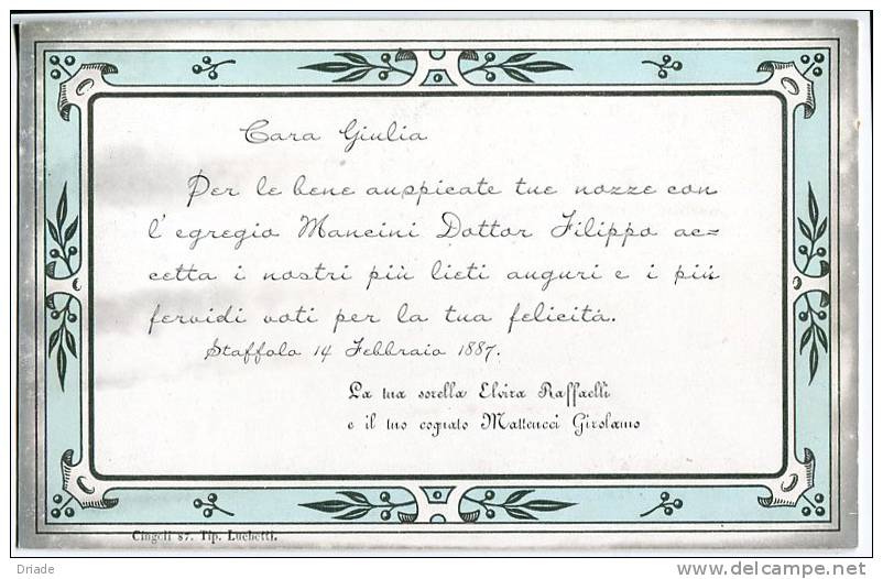 BIGLIETTO PARTECIPAZIONE NOZZE MARCHESA RAFFAELLI E MANCINI TIPOGRAFIA LUCHETTI CINGOLI OSIMO MACERATA ANNO 1887 - Annunci Di Nozze