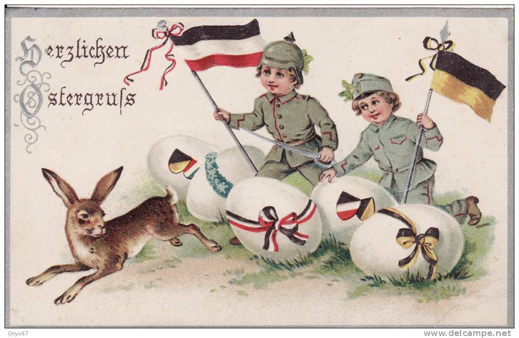 Carte Postale Fantaisie GAUFFREE - LAPIN Pâques Oeuf Avec Ruban Enfant  Militaire Allemand Drapeau - VOIR 2 SCANS - - Pâques