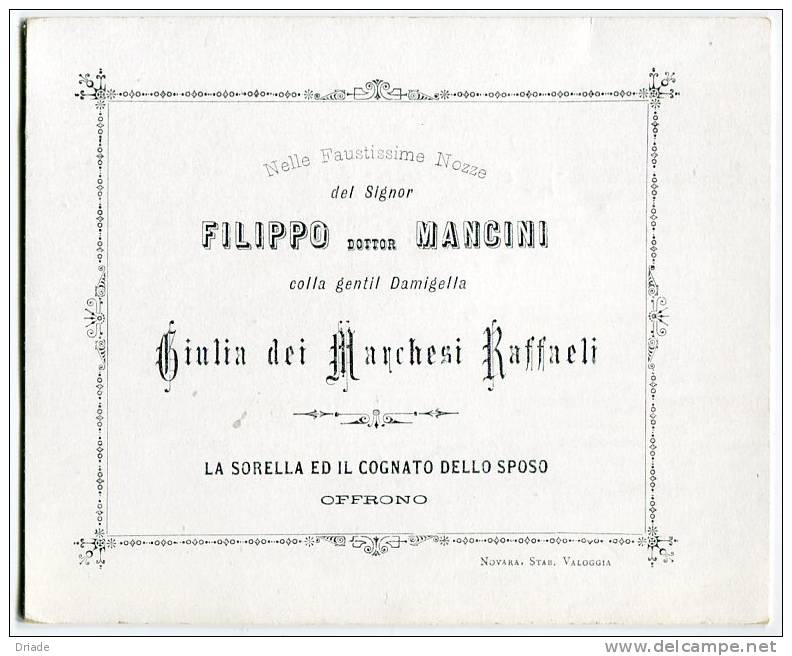 BIGLIETTO PARTECIPAZIONE NOZZE MARCHESA RAFFAELLI E MANCINI OSIMO CINGOLI TIPOGRAFIA VALOGGIA NOVARA ANNO 1887 - Annunci Di Nozze