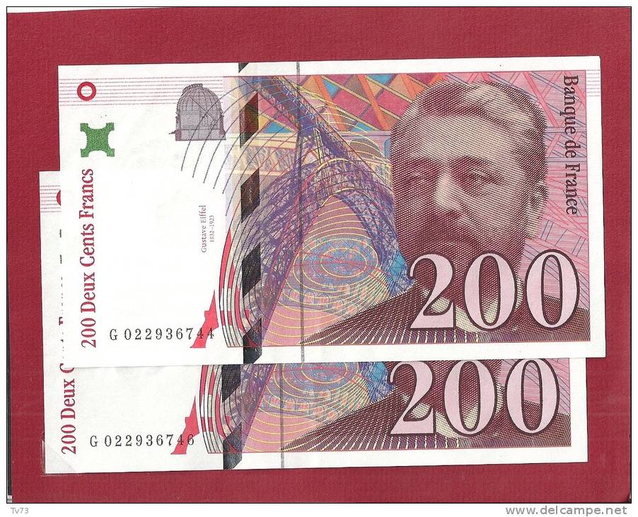 &#9658; EB044 - 2 Billets 200 Francs Gustave EIFFEL 1996 Numéros Proches ! ( G 022936744 Et 46 ) - Neuf - 200 F 1995-1999 ''Eiffel''