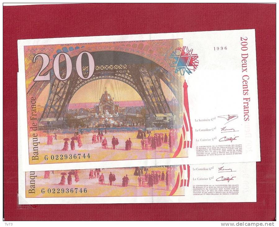 &#9658; EB044 - 2 Billets 200 Francs Gustave EIFFEL 1996 Numéros Proches ! ( G 022936744 Et 46 ) - Neuf - 200 F 1995-1999 ''Eiffel''