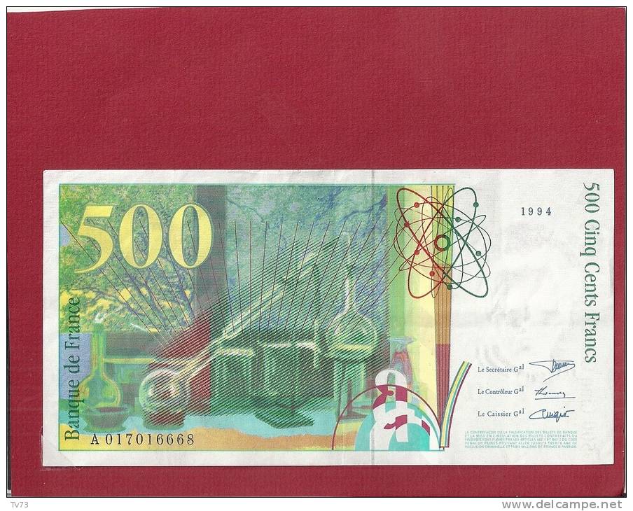 &#9658; EB047 - Billet 500 Francs Pierre Et Marie CURIE 1994 ( A 017016668) - Bon état - Pas De Trou - Pli Milieu - 500 F 1994-2000 ''Pierre Et Marie Curie''