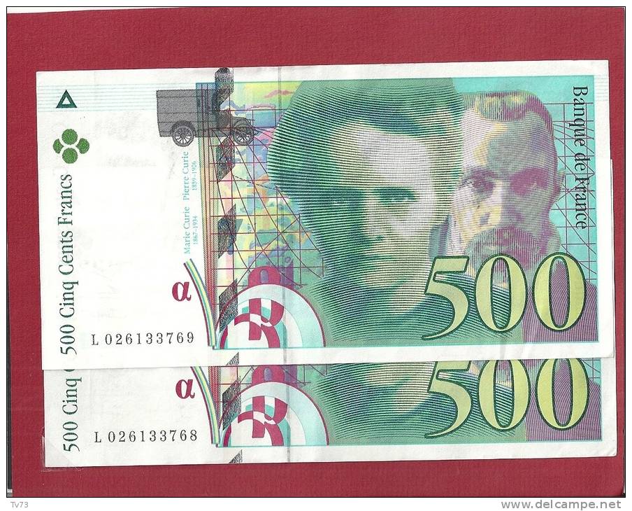 &#9658; EB048 - 2 Billets 500 Francs Pierre Et Marie CURIE 1994 - 2 Numéros Se Suivant ( L 026133768 Et - 69) - Bon état - 500 F 1994-2000 ''Pierre En Marie Curie''