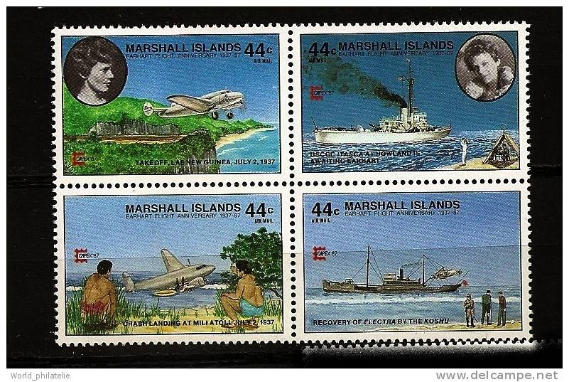 Marshall 1987 N° PA 12 / 5 ** Avion, Aviation, Vol Circumterrestre, Amelia Earhart, Nouvelle-Guinée, Marine Japonaise - Islas Marshall