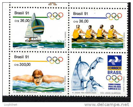 BRESIL 1991, VOILE AVIRON NATATION, PANAMERICAINS Et JEUX OLYMPIQUES 1992, 3 Valeurs + Vignette, Neufs. R436 - Unused Stamps