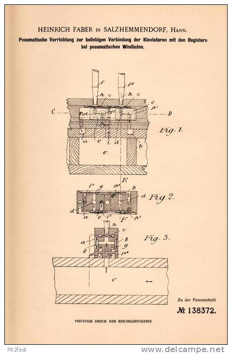 Original Patentschrift - Heinrich Faber In Salzhemmendorf , 1902 , Pneumatikapparat Für Klaviatur , Klavier , Musik !!! - Historical Documents