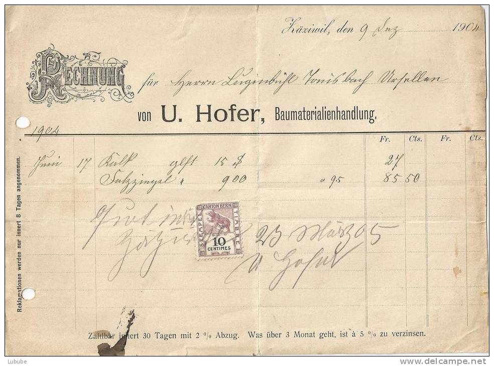 Rechnung  "U.Hofer, Baumaterialien, Zäziwil"           1904 - Covers & Documents