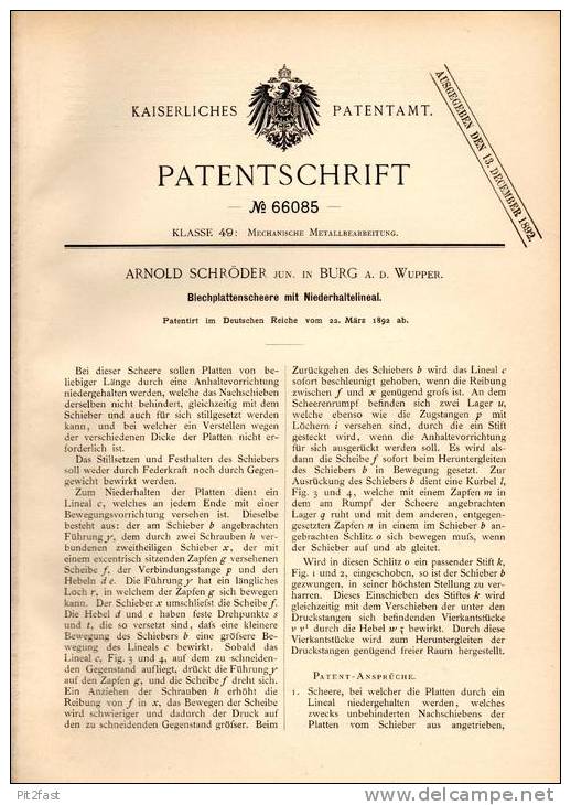 Original Patentschrift - A. Schröder In Burg A.d. Wupper , 1892 , Scheere Für Blechplatten , Blech !!! - Historische Dokumente