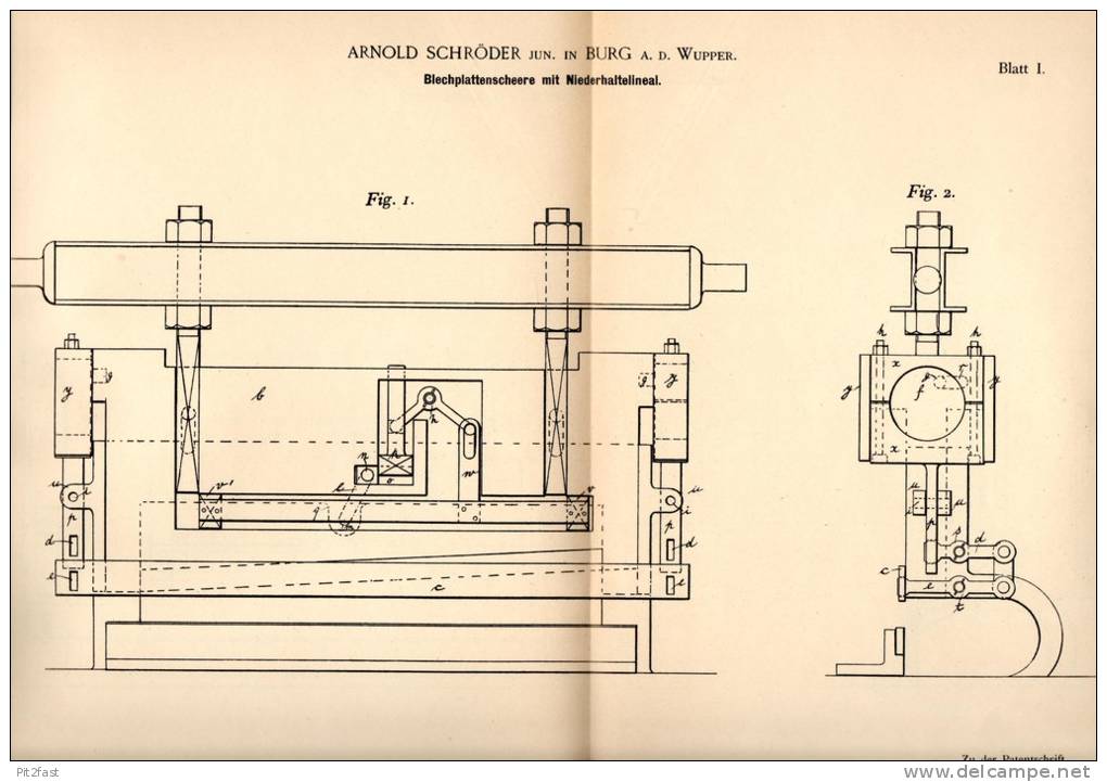 Original Patentschrift - A. Schröder In Burg A.d. Wupper , 1892 , Scheere Für Blechplatten , Blech !!! - Historische Dokumente