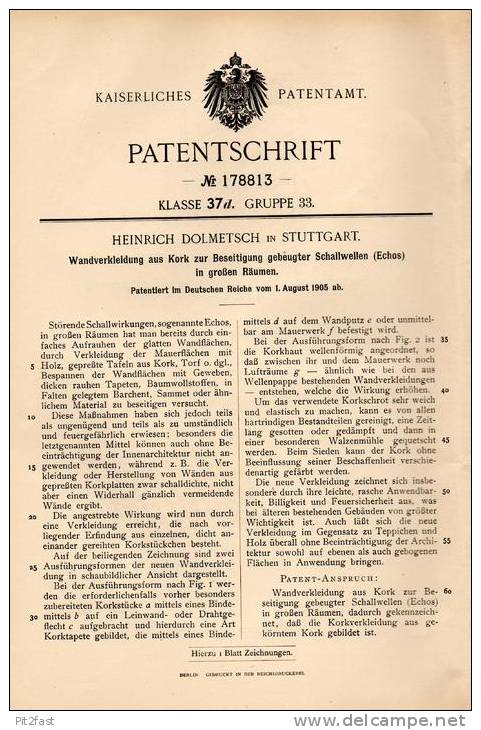 Original Patentschrift - H. Dolmetsch In Stuttgart , 1905 , Schalldämmung Aus Kork , Echo , Hausbau , Dämmung !!! - Architecture