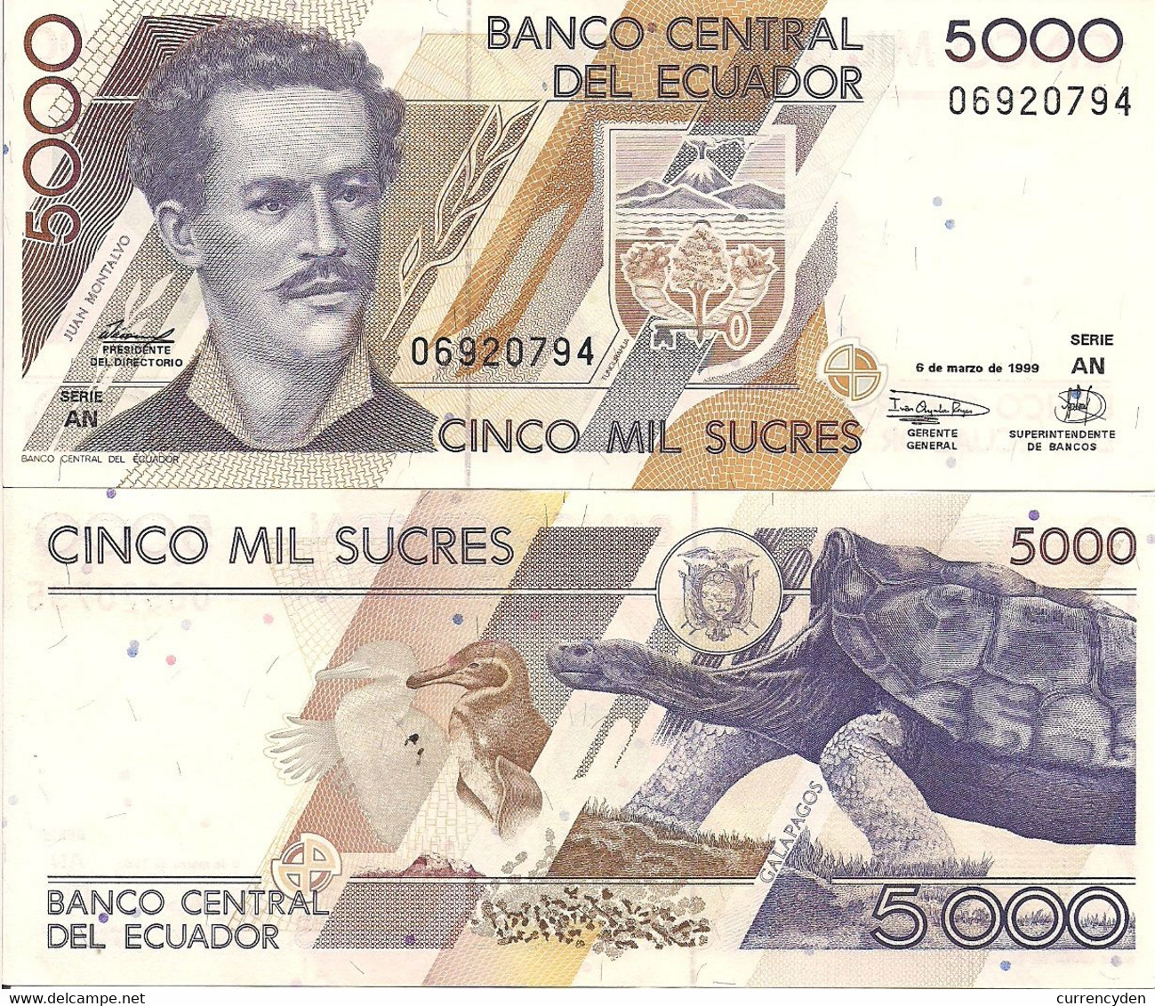 Ecuador P128c, 500 Sucres, Juan Montalvo / Animals On Galápagos Islands UNC 1999 - Equateur