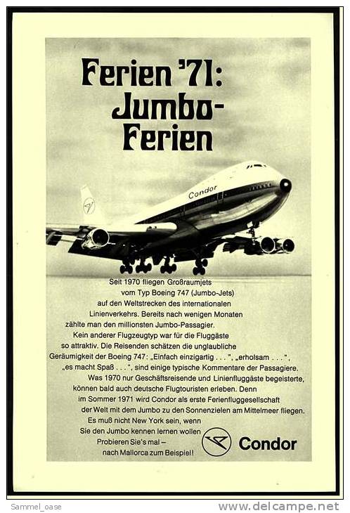 Reklame Werbeanzeige  Condor  -  Ferien `71 : Jumbo-Ferien  , Von 1971 - Publicités