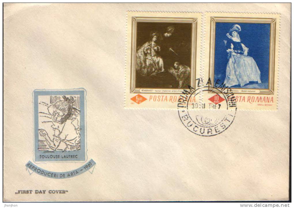 Romania-First Day Cover 1967-Art Reproductions, Paintings By Rembrandt And Andreescu - Rembrandt