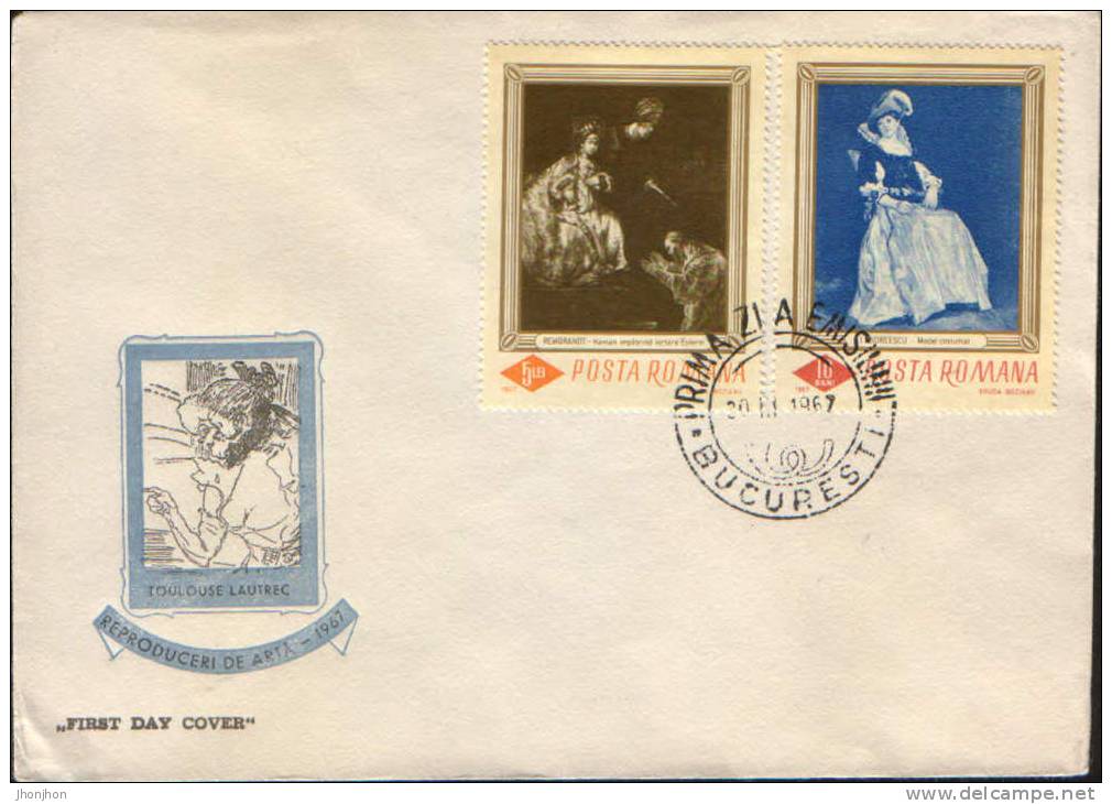 Romania-First Day Cover 1967-Art Reproductions, Paintings By Rembrandt And Andreescu - Rembrandt