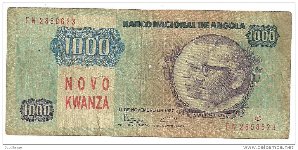 Billet 1000 Kwanza ANGOLA 11 NOVEMBRE 1987 Tamponné Rouge NOVO KWANZA (voir Scan Pour Le Dos) - Angola