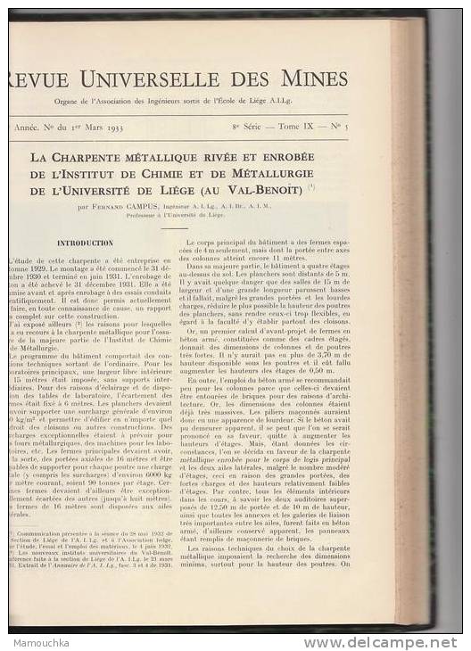 Revue universelle des Mines, de la Métallurgie, des travaux Publics.... Liège 1933-  8è série Tome IX - 76è année A.I.Lg