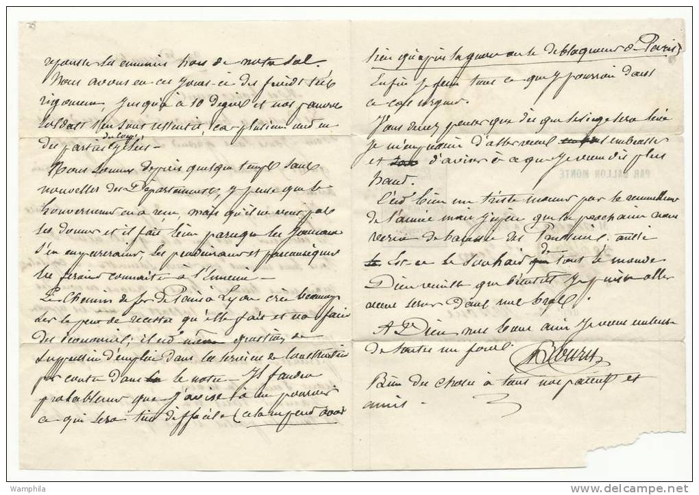 Lettre Formule "Par Ballon Monté" Via " L´armée De La Loire " Pour Lyon - Guerre De 1870