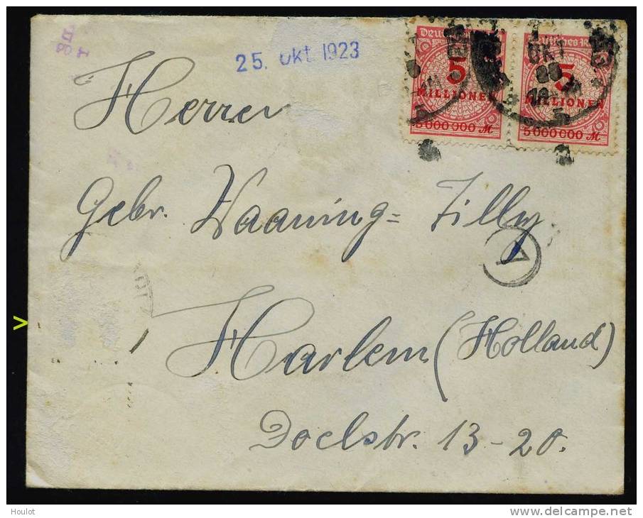 Kleiner Brief Mit Mi.N° 217 = 5 Millionen Als Paar, Abgestempelt In Stuttgart Am 25 Okt. 1923 Gelaufen Nach Harlem In Ho - Altri & Non Classificati