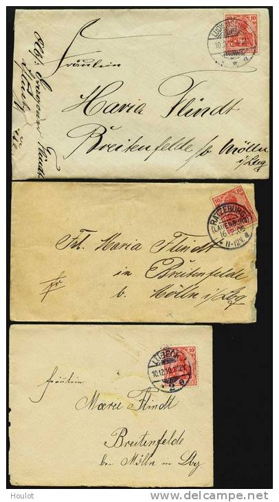 3 Germania Briefe Aus Bzw. Nach Breitenfelde Bei Mölln /Lbg, 1 Mal Mit Stempel Von Ratzenburg/Lauenburg 16.2.1905, 1 Mal - Sonstige & Ohne Zuordnung