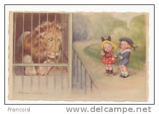 Deux Enfants Au Zoo. Lion En Cage.Signée Colombo - Colombo, E.