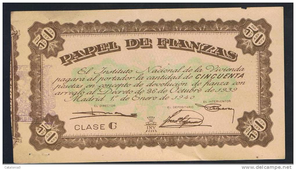 50  Pesetas 1940 Papel Fianzas - Otros & Sin Clasificación