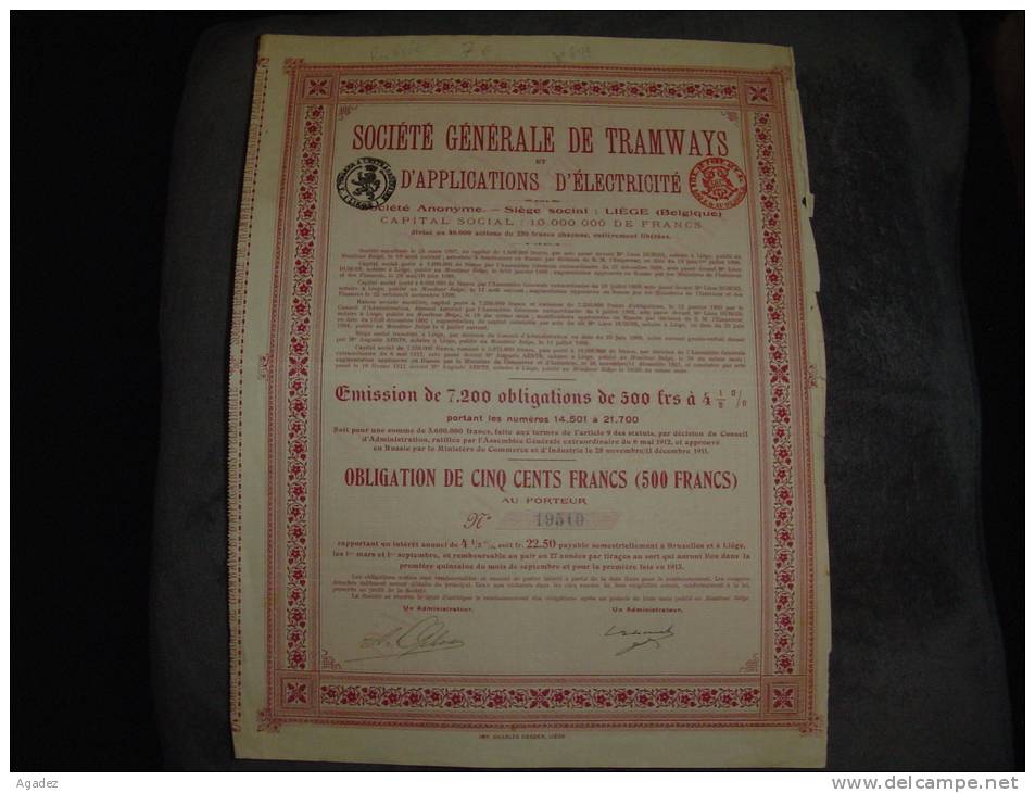 Obligation"Sté Generale De Tramways Et D'applications D'electricité" Liège 1912. - Chemin De Fer & Tramway