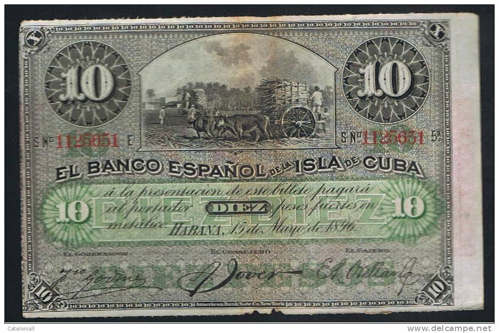 10 Pesos  Banco Español Isla De Cuba 1896 - Otros & Sin Clasificación